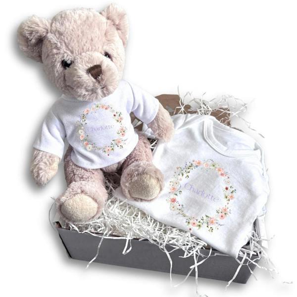 Personalised Wild Flower Name Baby Gift Box - Teddy & Vest