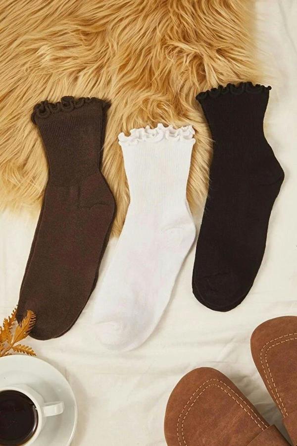 WOVCOR 3-Pack Cotton Elastic Knit Socks with Lettuce Detail