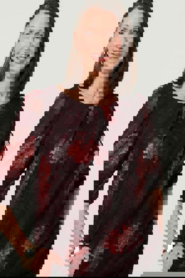 Burgundy | Floral Mesh Layered 1/2 Sleeve Blouse