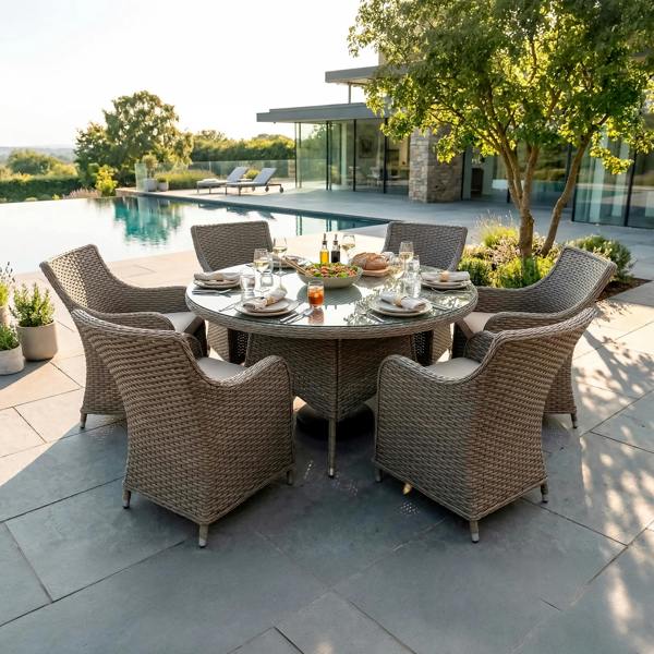 Dellonda Chester 7 Piece Rattan Wicker Outdoor Dining Set with Tempered Glass Table Top, Brown - DG85