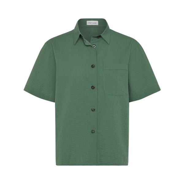 Blue Nude ~ Slow Fashion Brand - Plage Button-Up Cotton Seersucker Shirt in Oyat Green