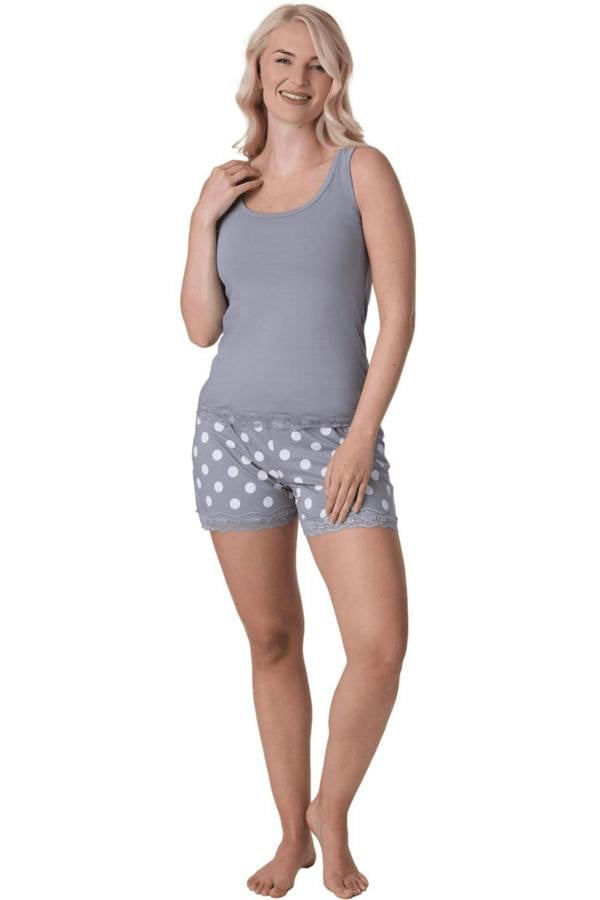 Women's Lightweight Plain Cotton Sleeveless Top Pyjama Set with Elasticated Waist and Lace Detailing