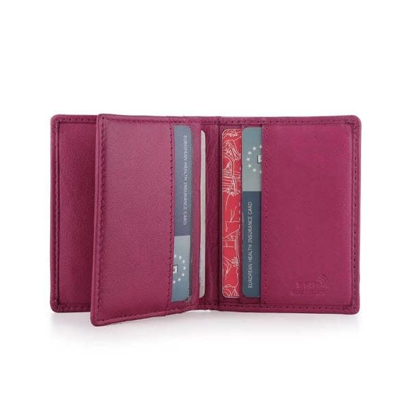 Open Fuchsia wallet with cards on a white background