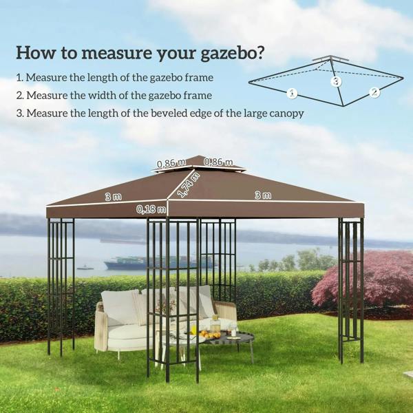Coffee double-tier gazebo canopy top replacement cover with size guide.