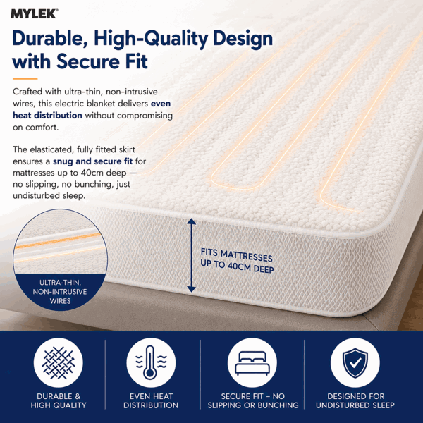 Mylek Electric Blanket Single Size Bed Premium Fleece Underblanket Dual Control with Elasticated Skirt