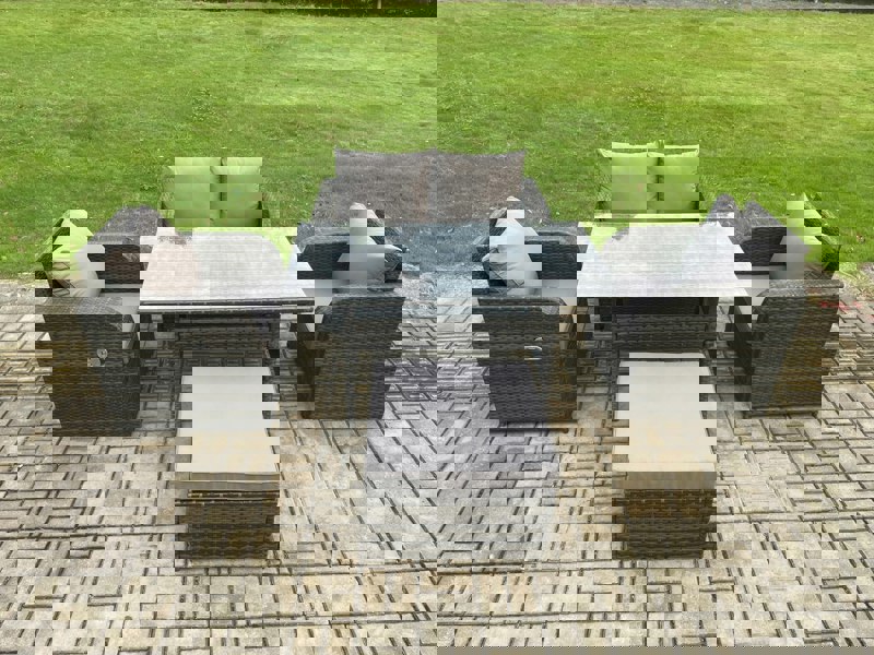 Fimous Outdoor Rattan Garden Furniture Lounge Sofa Set With Oblong Rectangular Dining Table 2 PC Reclining Chair Big Footstool
