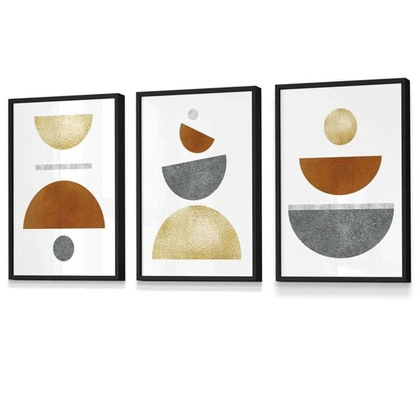 Set of 3 Orange, Gold and Grey Mid Century Geometric Framed Wall Art | Artze Wall Art UK