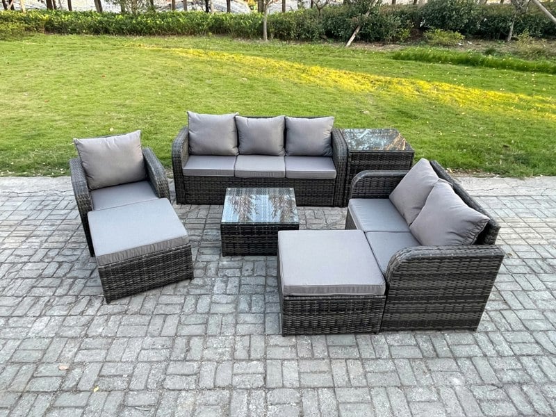 Fimous Indoor Outdoor Rattan Garden Furniture 8 Seater Set Table Sofa Chair Patio Conservatory with Grey Cushions Side Table 2 Big Footstool