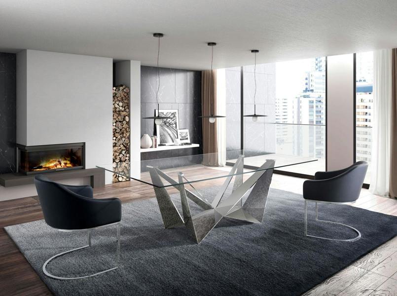 Angel Cerdá Rectangular tempered glass and chrome-plated steel dining table 1049
