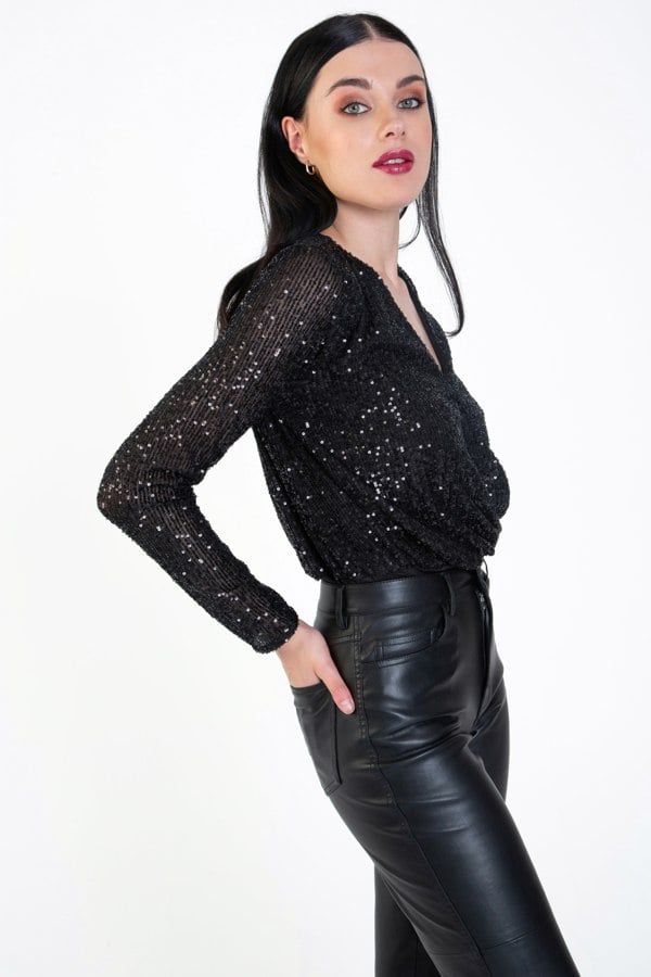 Gini London Black Sequin Wrap Long Sleeves Bodysuit