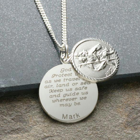 Christopher James of London Sterling Silver Personalised Round St Christopher With Travellers Prayer & Optional Engraving