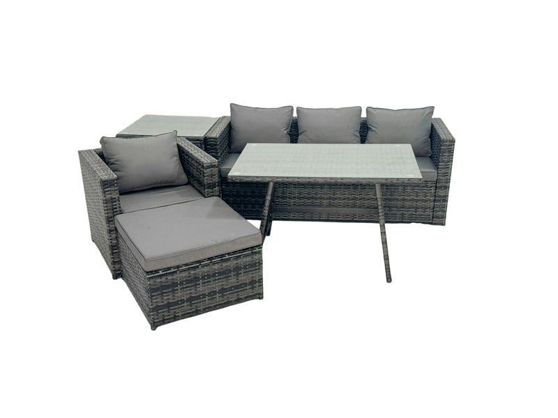 Fimous Rattan Dining Table Sofa Armchair Set with Side Table Big Footstool Outdoor Garden Furniture Set Dark Grey Mixed