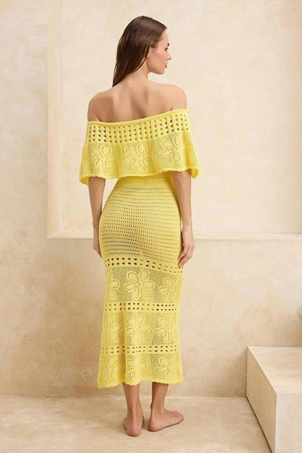WOVCOR Knitted Maxi Carmen Neck Beach Dress