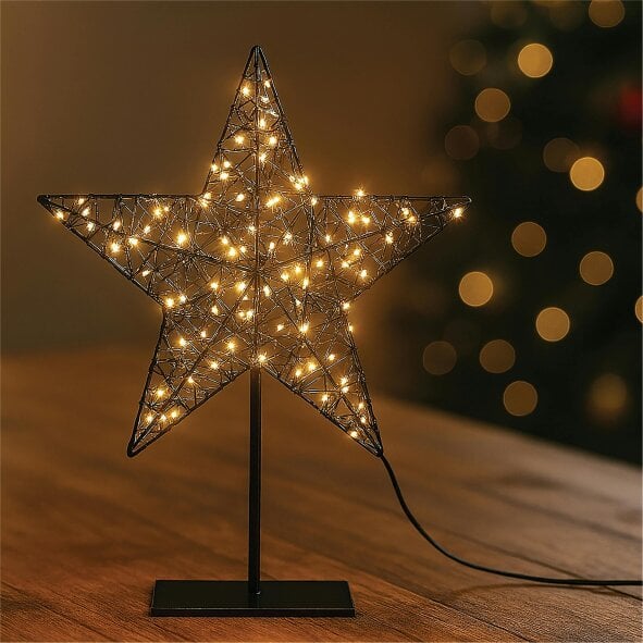 Scotts of Stow Xmas Haus Black Metal LED Christmas Star with Stand, 100 Warm White LEDs, 5m Cable