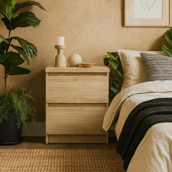 Wyld Haus Budapest Natural Oak Effect Wood Bedside Table 2 Drawers
