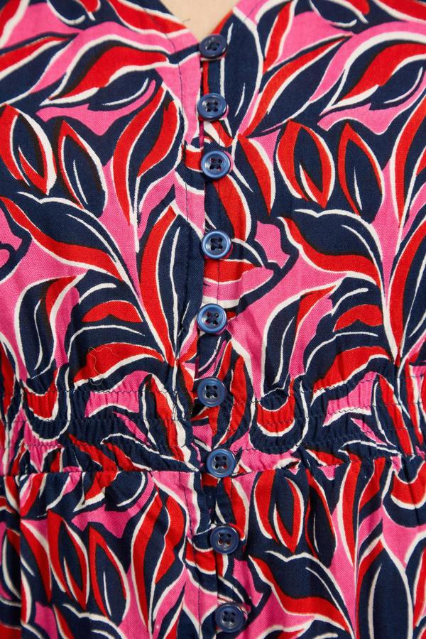Mudflower Leaf Print Flared Button-Up Midi Dress