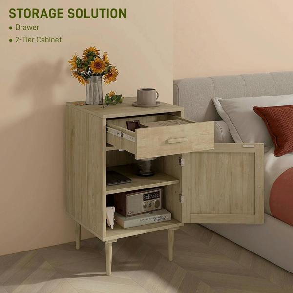 Boho bedside cabinet with drawer and open shelves, rattan-front door storage.