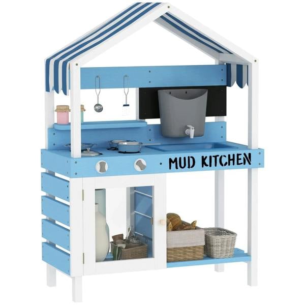 Kids outdoor mud kitchen playset with blue sink, stoves, shelves, and accessories