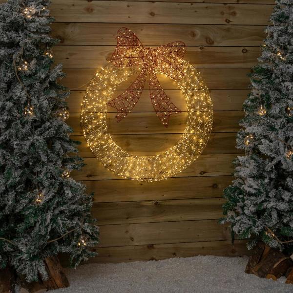 Samuel Alexander 90cm Light up Gold Twist Christmas Wreath with Red Bow and 1440 Warm White LEDs
