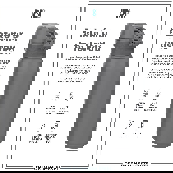 A gray stainless steel water bottle sits on a white background; it is carbon neutral, fully recyclable, odor resistant, and dishwasher safe.