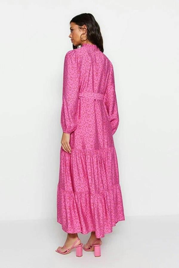 Shirt Collar Belted Floral Print Long Sleeve Midi Dress