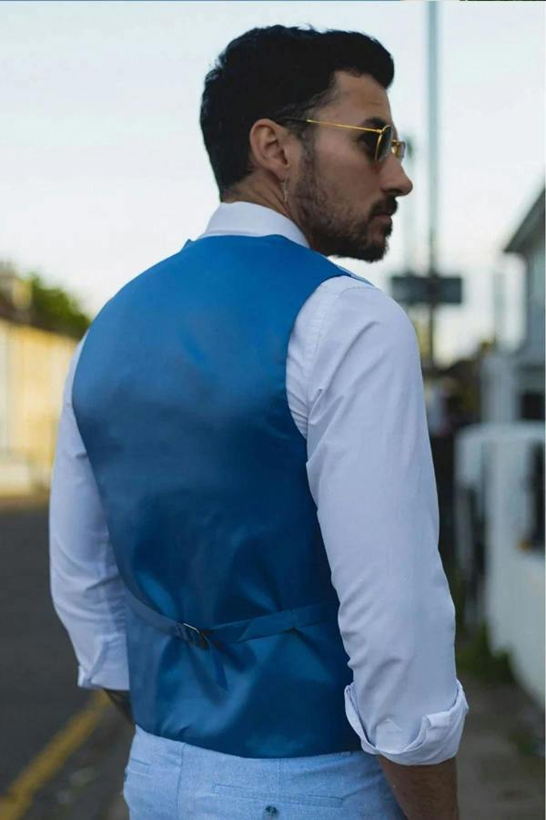 Infinity Leather Men's Summer 2 Piece Suit Linen Formal Blue Waistcoat Trousers