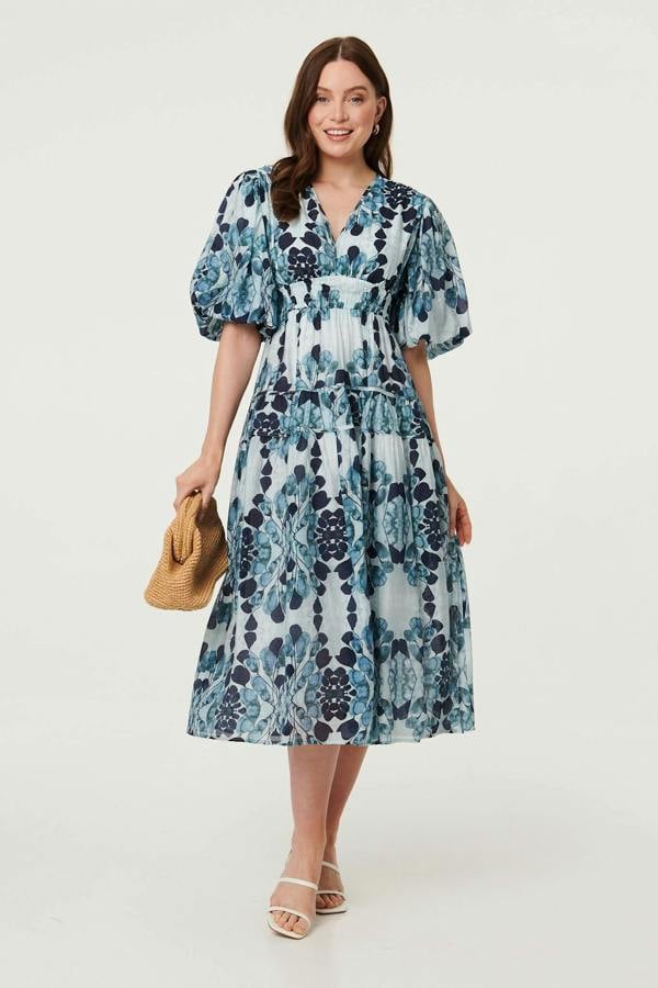 Blue | Floral 1/2 Puff Sleeve Tiered Midi Dress