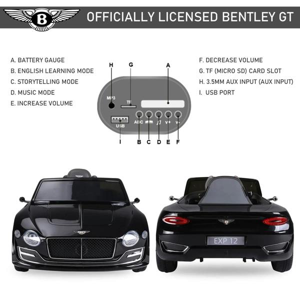 Bentley GT-style ride-on car controls layout diagram with labeled ports