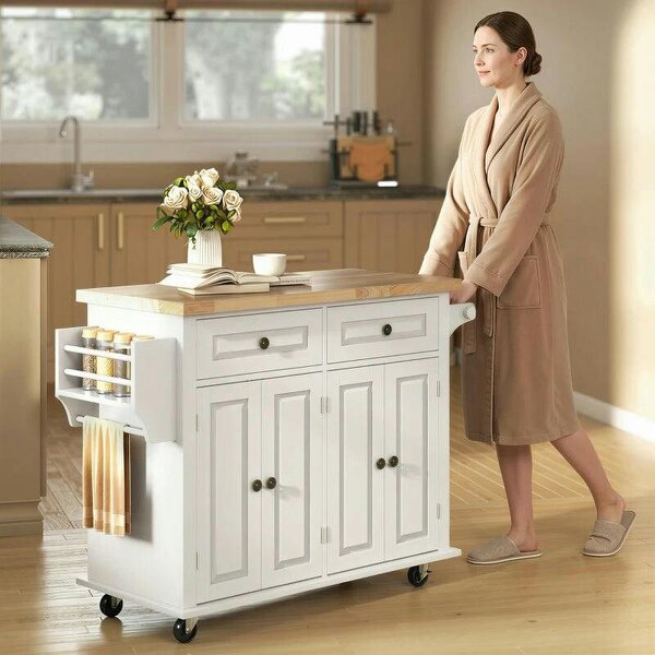 Kitchen Island on Wheels, Rolling Kitchen Storage Trolley with Rubber Wood Top, Drawers, Adjustable Shelves, Cream White