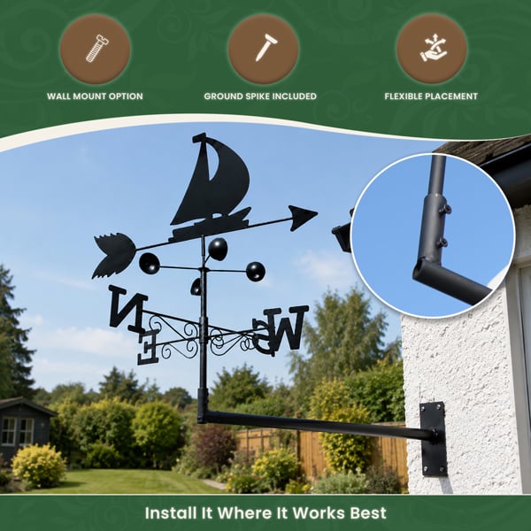 Boat Steel Weathervane, Black Painted All-Steel Weather Vane With Wall Fixings and 1.7m Ground Spike, Wind Speed Cups