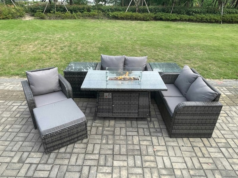 Fimous Rattan Garden Furniture Set with Gas Fire Pit Dining Table,2 Side Tables and Big Footstool Indoor Outdoor 7 piece Loveseat Sofa set