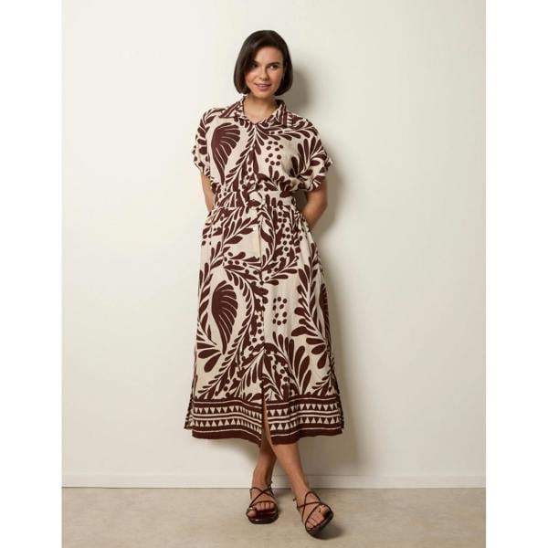 Blue Vanilla Tropical Leaf Print Belted Shirt Dress