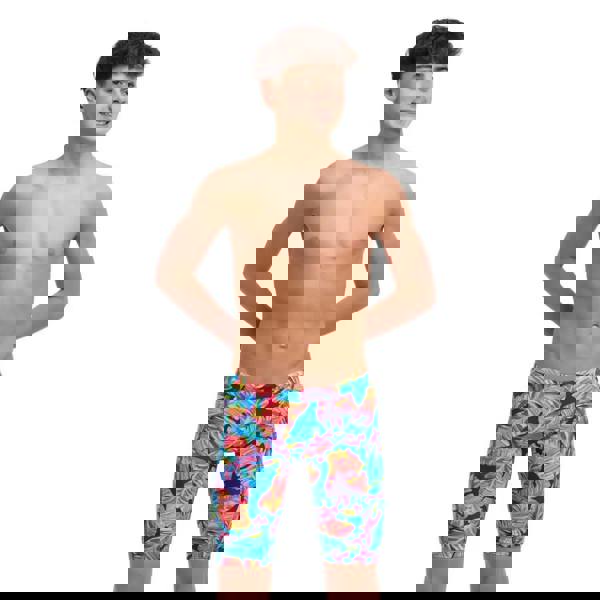 Vibrant tropical leaf print boys leaving today swim training jammers