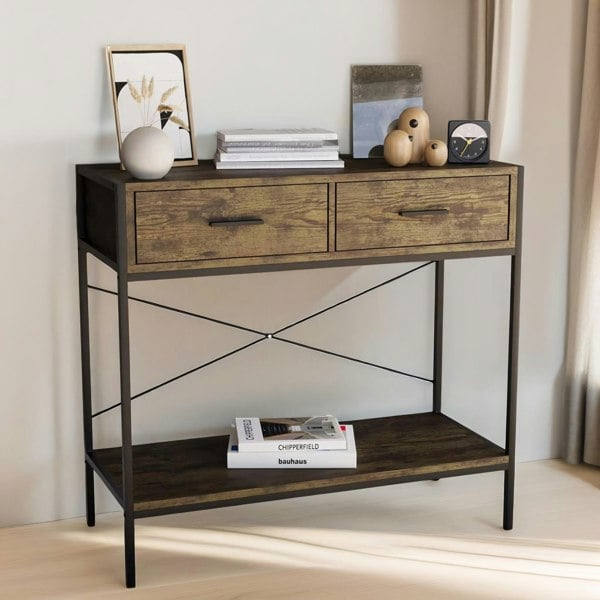 Rafaelo Mobilia 2 Drawer Industrial Console Table Dark Wood