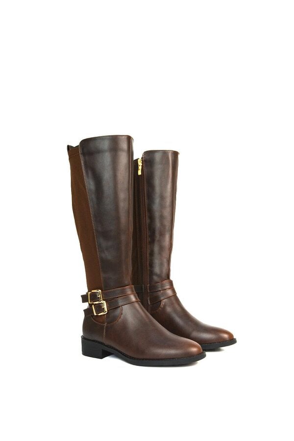 XY LONDON Flat Heel Zip Up Knee High Stretchy Boots With Buckle