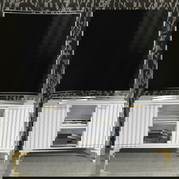 Mex Furniture TV Stand 120cm – White Matt Body & White Fluted Doors with Gold Legs