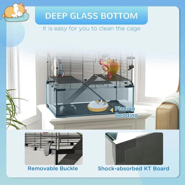 Black wire hamster cage with deep glass bottom, removable buckle, and shock-absorbed board