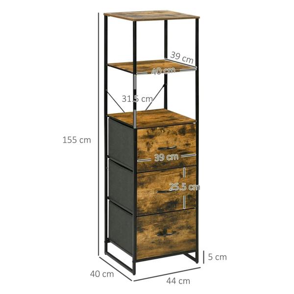 Freestanding rustic brown storage cabinet with open shelves and three drawers, black frame