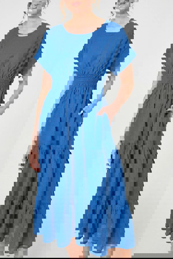 Blue | Relaxed Short Sleeve Tiered Midi Dress
