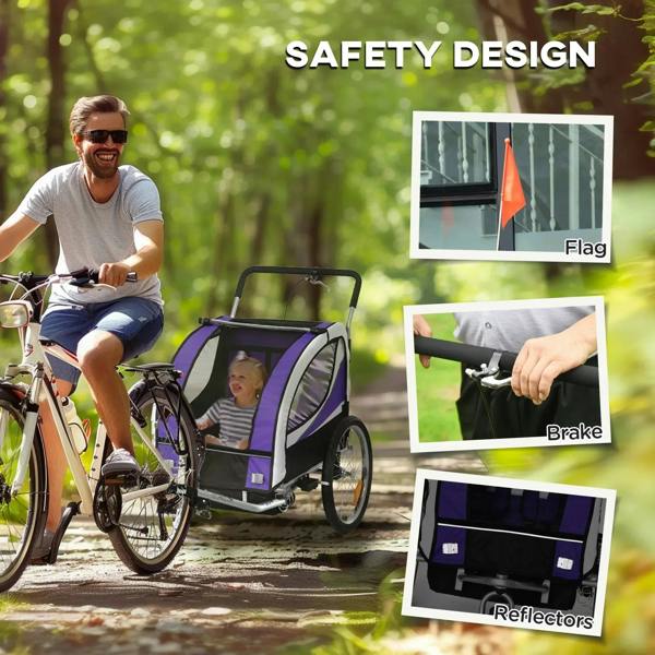 Purple bike trailer with safety flag and reflectors