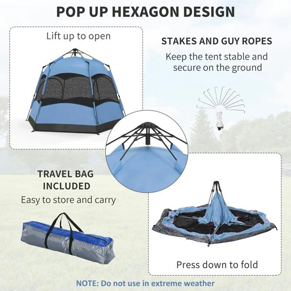 Hexagon camping tent bundle with carry bag, stakes, and guy ropes in blue and black