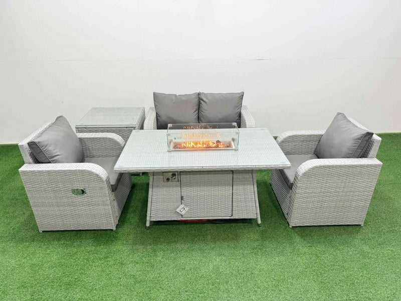 Fimous Light Grey PE Wicker Rattan Garden Furniture Set Sofa Set Reclining Chair Fire Pit Dining Table 4 Seater With Side Table