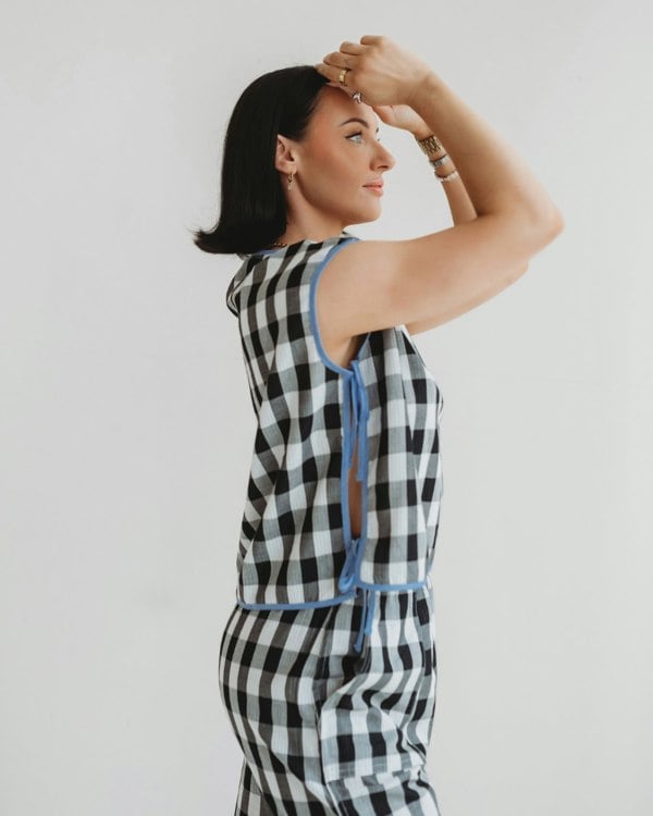 Wren Blue Marine Check Print Reversible Crop Top - image 4