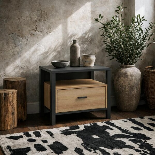 Wyld Haus Egtved Black and Natural Oak Wood Effect Bedside 1 Drawer