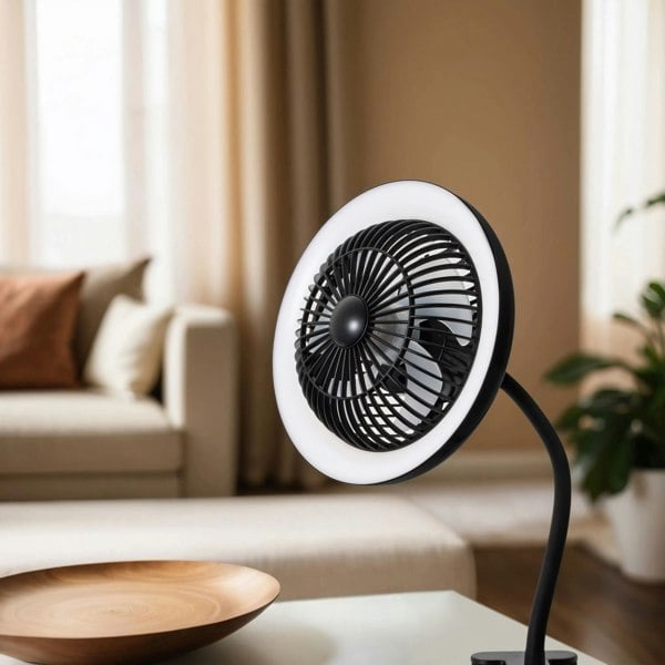Black Rechargeable 3 Speed Clip-On Fan with LED Dimmable Ring Light Image 6