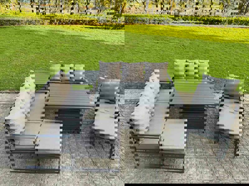 Fimous 9 Seater Aluminium Garden Furniture Set with Adjustable Rising Dining Table, 2 Footstools, Side Table - Dark Grey