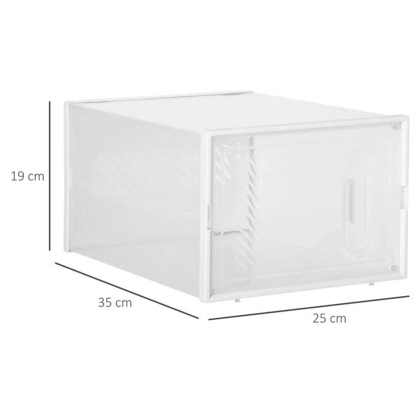 Clear plastic shoe storage box with magnetic door, shown with size dimensions