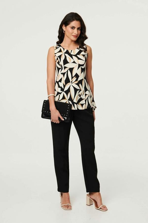Black | Leaf Print Sleeveless Peplum Top

