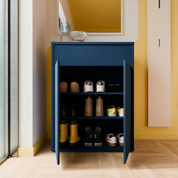 Furniture To Go Alice Springs Compact Shoe Cabinet with 2 Doors Push-to-Open & 1 Drawer Push-to-Open in Night Blue