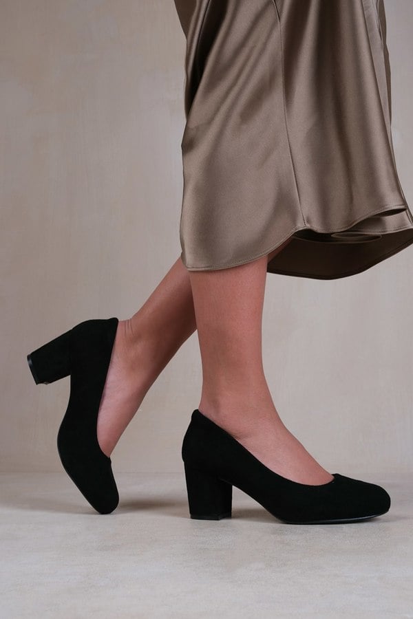 Where's That From Melrose Wide Fit Mid Block Heel Court Shoes in Black Suede